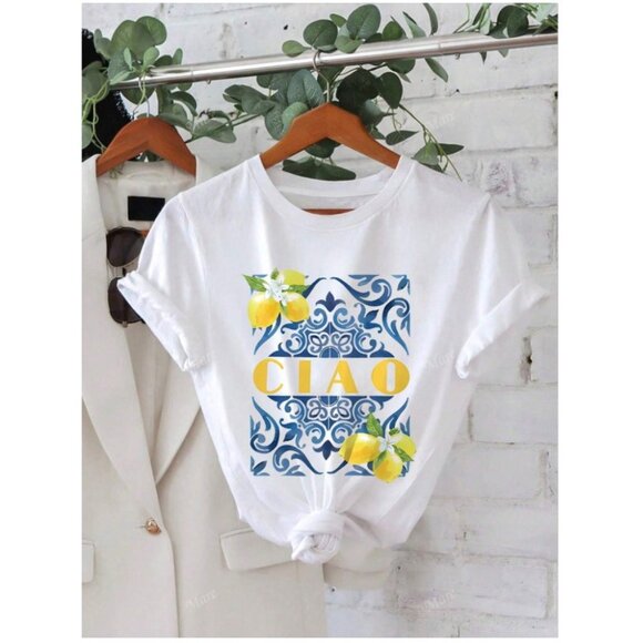 CIAO & Lemon Print Casual Round Neck Short Sleeve T-Shirt - Picture 1 of 1